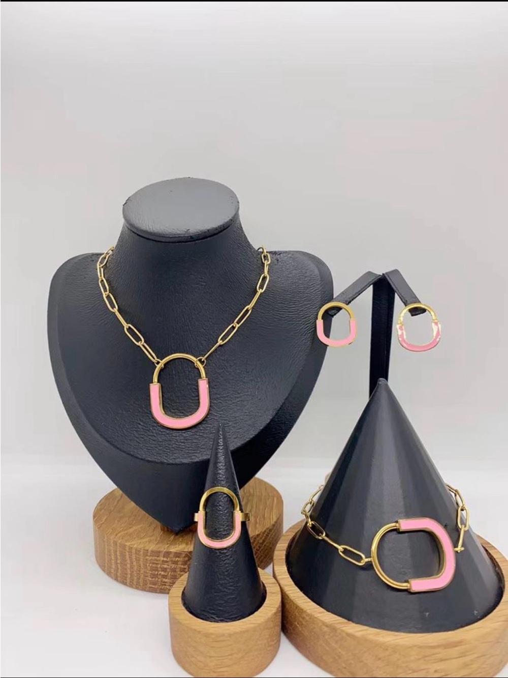 Stainless steel Gold Tone plated Necklace & Earring Set with Pink Enamel Accents